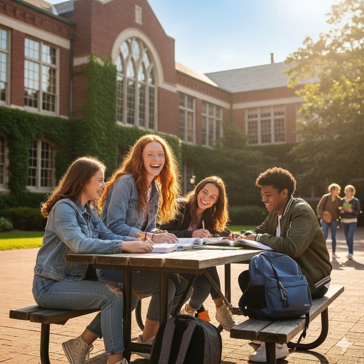 Study in New Zealand – international students studying together on university campus.