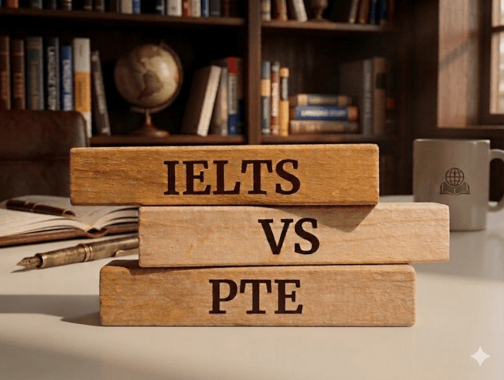 Three stacked wooden blocks engraved with "IELTS VS PTE" on a desk with books and a globe in the background, comparing IELTS and PTE English proficiency tests.