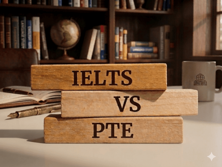 Three stacked wooden blocks engraved with "IELTS VS PTE" on a desk with books and a globe in the background, comparing IELTS and PTE English proficiency tests.