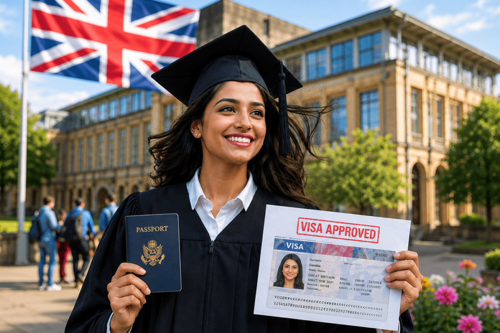 Student celebrating UK student visa approval while holding a passport and visa document on a university campus