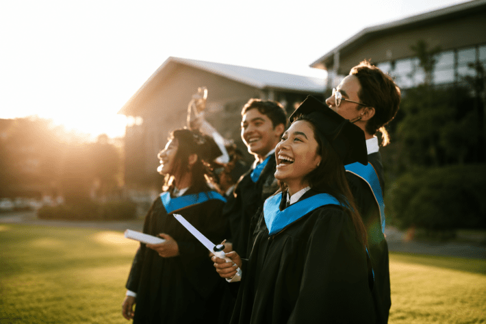 A group of commerce students celebrating successful graduation at the university campus.